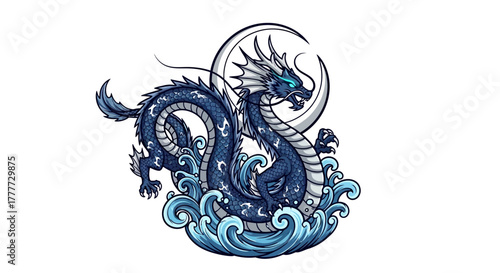 Majestic Dragon's Descent: A stylized illustration presents a mythical dragon, its serpentine form emerging from the depths, surrounded by waves and the celestial glow of a crescent moon.