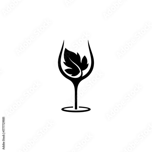 Elegant Wine Glass with Leaf Silhouette Symbol.