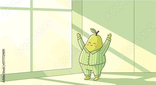 Joyful Pear Wearing Pajamas Waking up to a Bright and Sunny Morning
