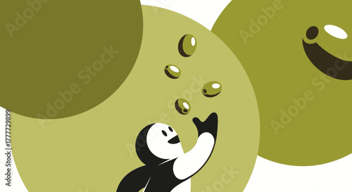 Joyful Penguin Juggling Olives Amidst Playful Olive-Shaped Background Elements