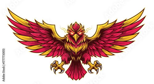 Phoenix's Majestic Wings: A stylized illustration of a phoenix, a mythical bird symbolizing rebirth, with vibrant red and gold feathers, depicted with widespread wings and a fierce gaze.