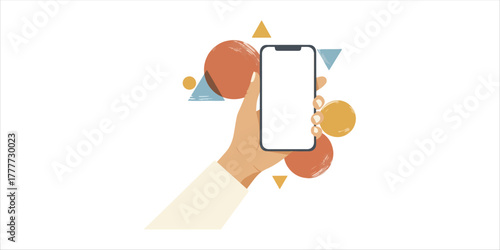 Woman holding smartphone with blank screen for app and UI  minimalist composition with handcrafted textures, geometric forms, and clean color blocks. A modern and elegant design that balances simplici