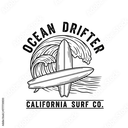 Ocean Drifter California Surf Co logo with surfboard and wave design.