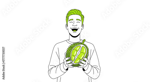Joyful Person Embraces And Celebrates The Taste Of Exotic Durian Fruit Illustration