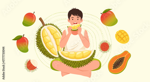 Joyful Person Relishing Tropical Fruits: Durian, Mango, Papaya, and Rambutan