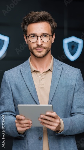 A man in a blazer holds a tablet, standing in a modern setting with glowing shields in the background, suggesting a focus on technology and security.