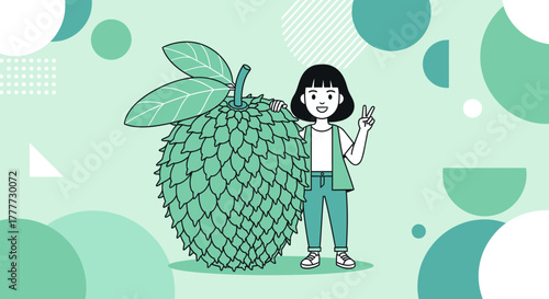 Joyful Person Shows Peace Sign Near Large Exotic Fruit With Nature Themed Background