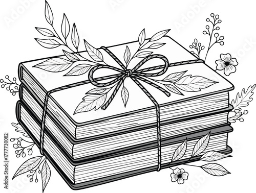 Illustration of books tied with twine and adorned with leaves and flowers