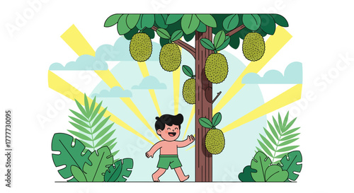 Joyful Person Walking Near Abundant Jackfruits Under a Sunny Sky Illustration