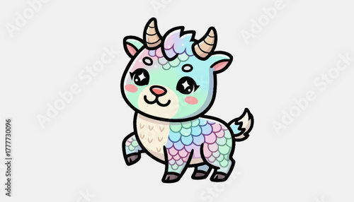 Enchanting Pastel Goat: A whimsical illustration of a charming goat, its scales a cascade of pastel colors. With a sweet expression and playful pose, it embodies innocence and joy. 