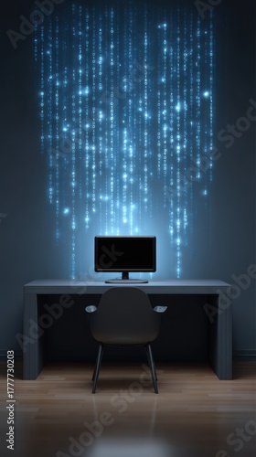 A modern workspace featuring a computer with a blue digital matrix backdrop, suggesting a tech-focused or futuristic environment.
