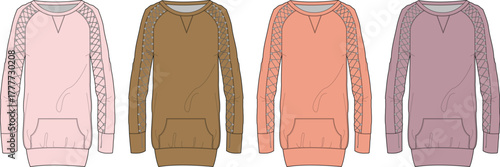 Set of technical fashion illustrations of a women's hooded pullover with raglan sleeves and braided detail, a concept for apparel design