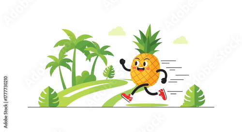 Joyful Pineapple Character Races Down Palm Tree Lined Path For A Healthy Run