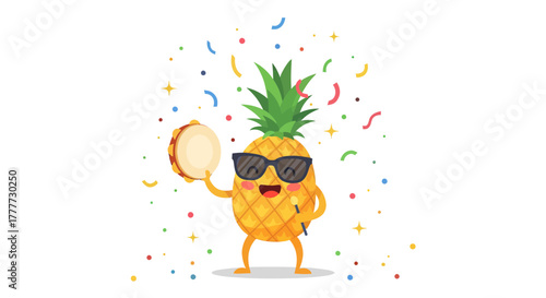 Joyful Pineapple Character with Sunglasses Entertaining with Tambourine and Confetti Celebration
