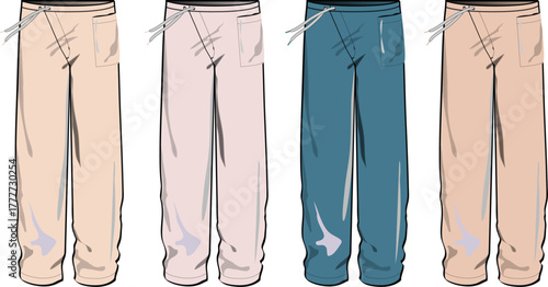 Set of colorful casual loungewear pants in a technical flat sketch, showcasing multiple color options for apparel design