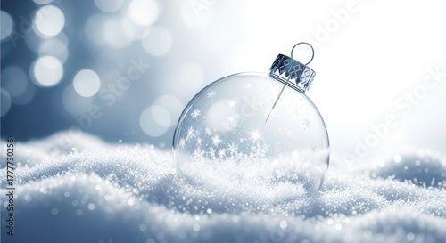 Closeup of a clear glass christmas ornament resting in soft snow with blurred bokeh lights in the background