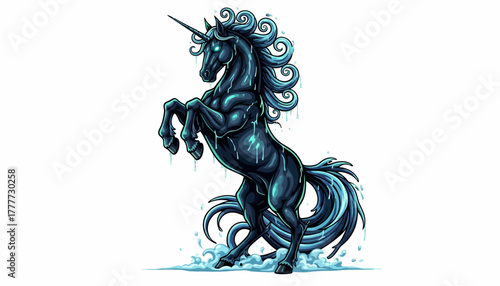 Majestic Unicorn: A stunning depiction of a powerful unicorn rearing up, its form accentuated by intricate details, embodies mystique and fantasy. 