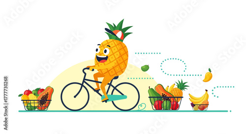 Joyful Pineapple Cycling Through Fruit Delivery with Delightful Animated Illustration