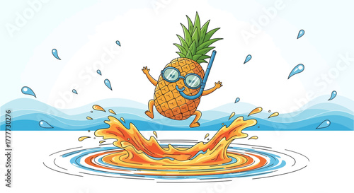 Joyful Pineapple Splash In Water With Snorkel: Summer Cartoon Fun Adventure