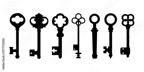 Set of black silhouettes of door keys. Key icon set. Vintage key antique door key isolated on white background. Keys and padlock silhouette. Vector.