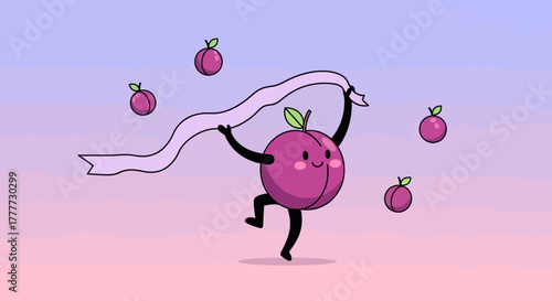 Joyful Plump Character with Ribbon and Berries, Dancing and Celebrating with Flair