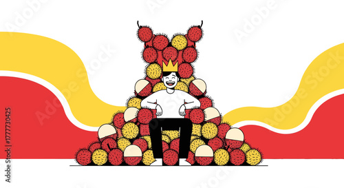 Joyful Sovereign Sitting on Exotic Fruits Chair with Colorful Decorative Background