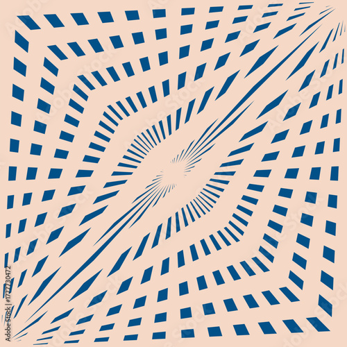 Abstract vector geometric seamless pattern with diagonal stripes, intersecting lines, rays, grid, lattice. Simple blue and beige background. Optical art texture. Repeated geo design for print, cover
