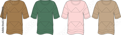A set of four technical fashion flat sketches of a casual tunic shirt with a geometric triangle pattern, front pocket, and elbow-length sleeves in various colors