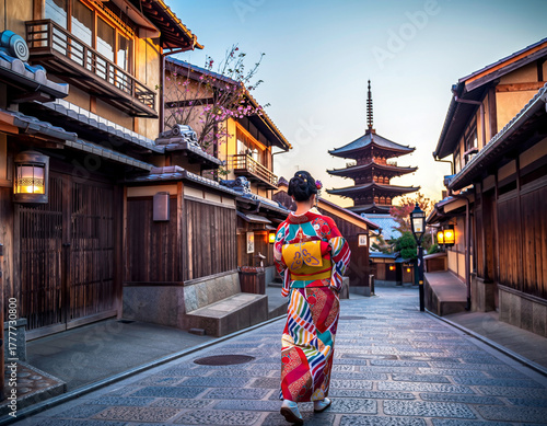 Kimono Woman Walking in Historic Kyoto Street