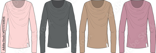 Various long-sleeved tops in different muted colors, showcasing a classic cowl neck design and simple silhouette