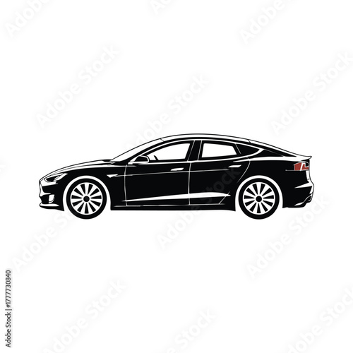 Side Profile Silhouette of a Modern Sedan Car, Black Vector Illustration of an Electric Luxury Sedan, Sporty Car Side View Icon, Sedan car, vector, illustration.