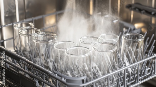 Clean Laboratory Glassware Being Washed in Dishwasher Cycle
