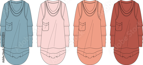 Fashionable layered long-sleeve tops in four attractive pastel color options, perfect for casual wear and everyday style