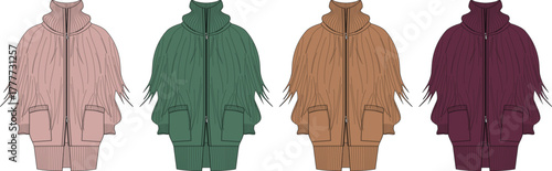 Collection of four cozy knitted zip-up jackets with hoods and pockets in various pastel and rich jewel tones