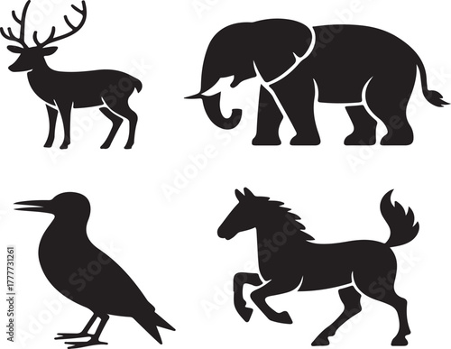 Black silhouettes of a deer elephant bird and horse on a white background deer silhouette