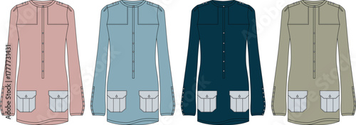 Collection of four stylish women's tunic tops with unique design and pocket details in different colors