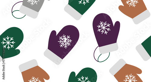Flat vector seamless pattern of colorful knitted winter mittens with delicate snowflakes. Ideal for seasonal design elements and backgrounds for creative projects
