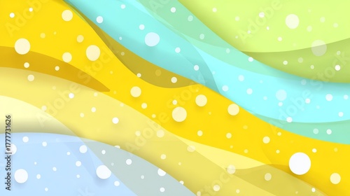 Abstract Wavy Background with Bubbles in Yellow Blue and Green.