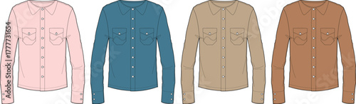Collection of stylish long-sleeve button-down shirts in multiple colors, rendered as flat technical illustrations ideal for fashion design, apparel mockups, and versatile clothing concepts