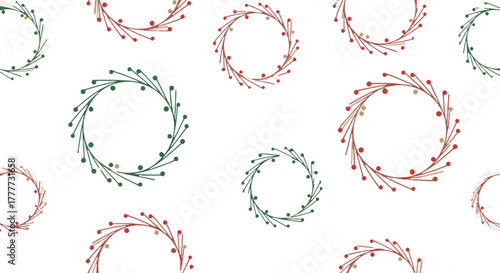 Flat Festive Christmas Wreath Pattern Seamlessly Adorning a Bright White Background, Ideal for Holiday Season Decor and Celebrations