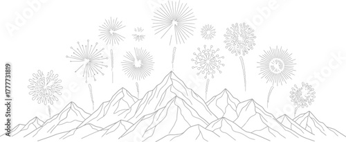 Mountain peaks are silhouetted against a backdrop of celebratory fireworks display