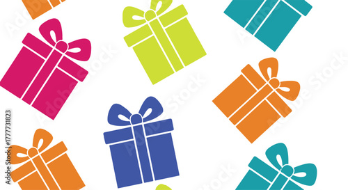 Bright and cheerful flat graphic illustration of scattered present boxes, perfect for festive event promotions and joyful celebration designs