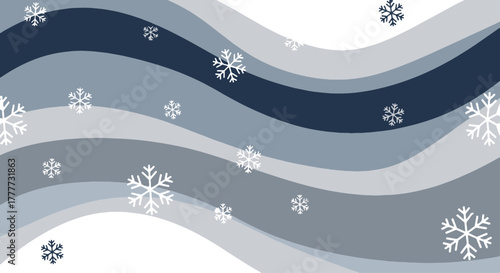 Flat abstract winter design featuring cool blue and grey wavy lines with scattered snowflakes, creating a serene chilly seasonal background