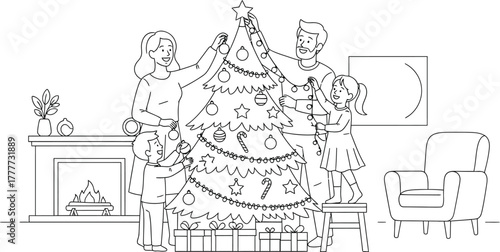 Family decorating christmas tree together in living room with fireplace outline