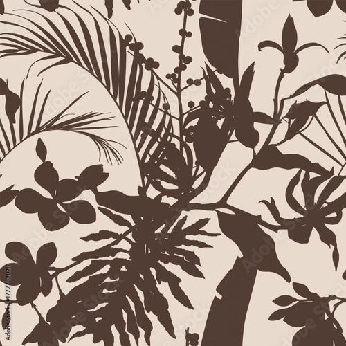 Exotic leaves and palm, flowers illustration. Vintage brown seamless pattern.