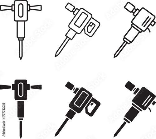 Collection of six hand drawn jackhammer icons in outline and solid styles
