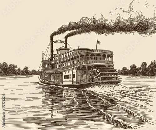 Majestic Vintage Steamboat Cruising Along a Wide River with Billowing Smoke and Elegant Multi-Deck Architecture in Classic Engraving Style Illustration