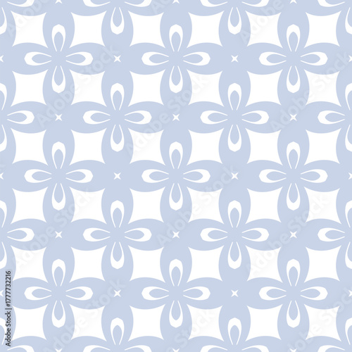 Abstract vector seamless pattern. Simple floral grid ornament with bold funky flower silhouettes, curved shapes. Light blue and white texture. Retro nostalgic old-fashioned background. Repeated design