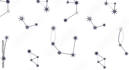 Modern Flat Graphic Seamless Pattern of Scattered Celestial Star Constellations on a Clean White Background, Ideal for Astronomy and Space-Themed Designs