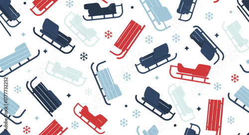 Delightful Flat Winter Pattern Featuring Colorful Sleds and Delicate Snowflakes Scattered Across a Crisp White Background for Seasonal Designs